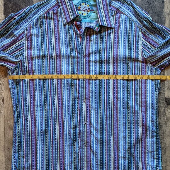 Robert Graham Stripe Shirt Green Blue Purple with Paisley Flip Cuffs - Picture 7 of 7